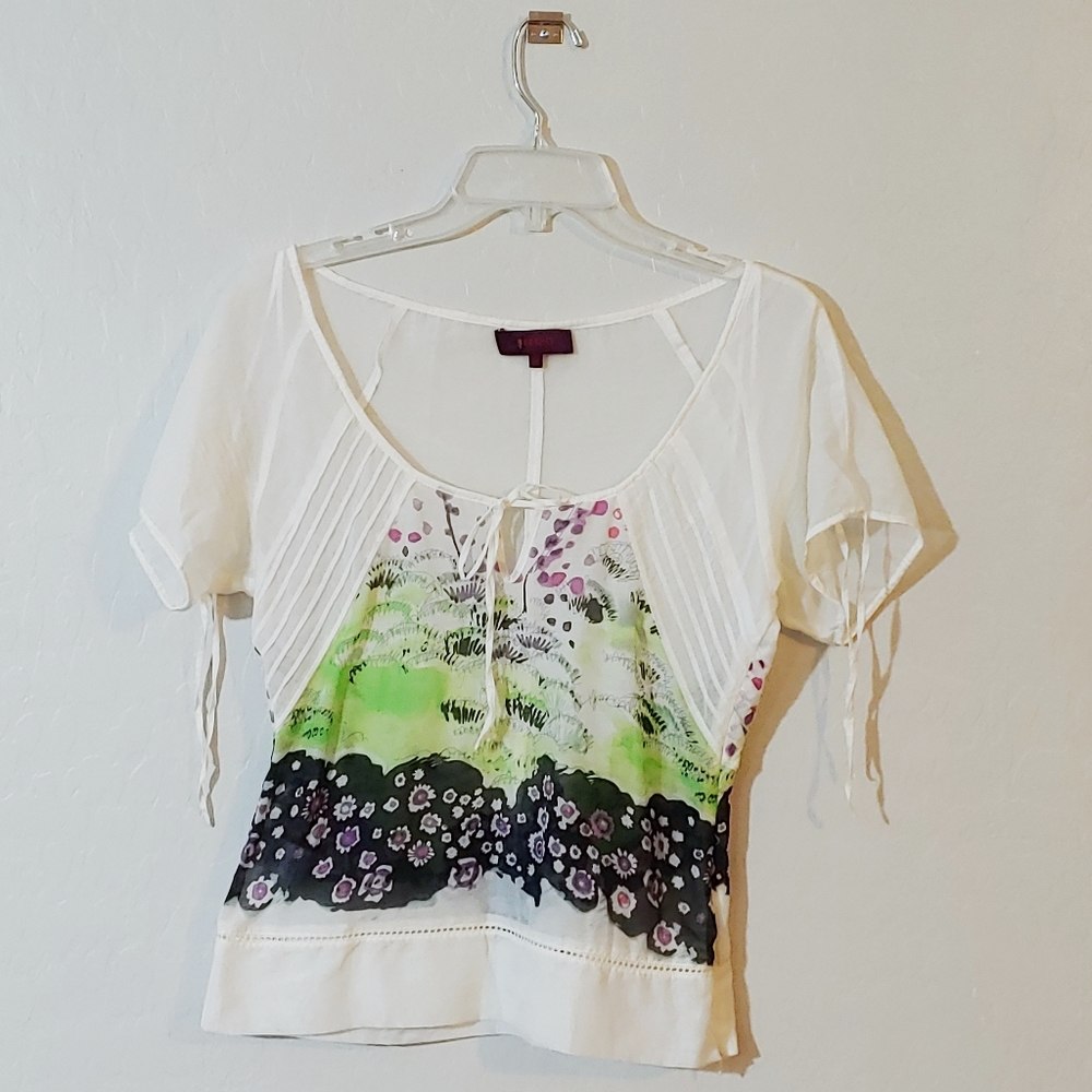 KENZO Silk/Linen Blend Sheer Hand Painted Blouse